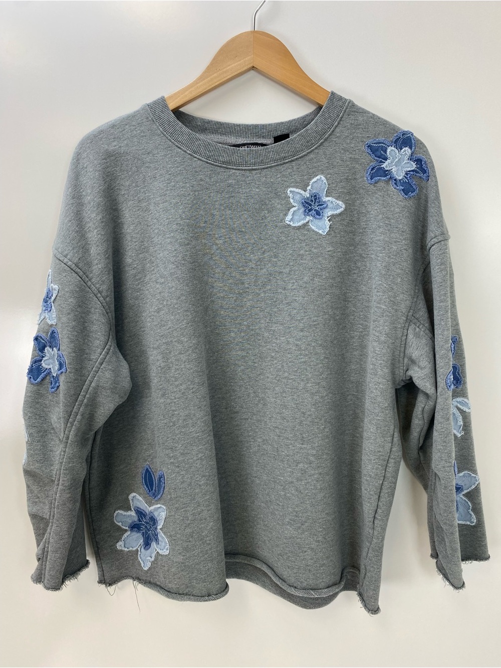 DRIFTWOOD Gray Sweatshirt with Blue Floral Appliqués